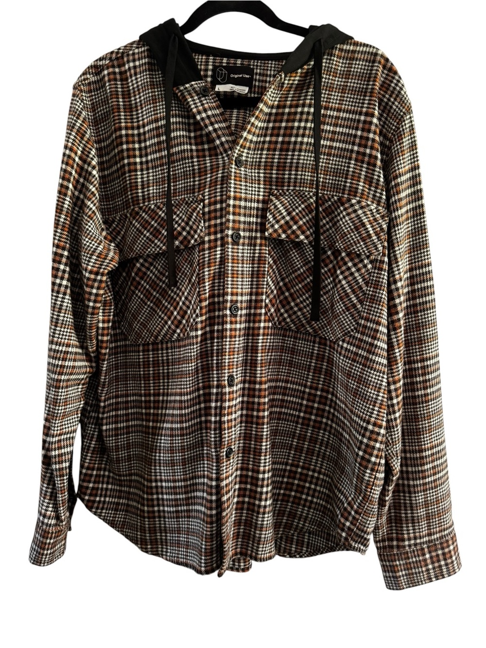 Original Use Men’s Hooded Plaid Shacket Jacket Brown Black Size Large Casual